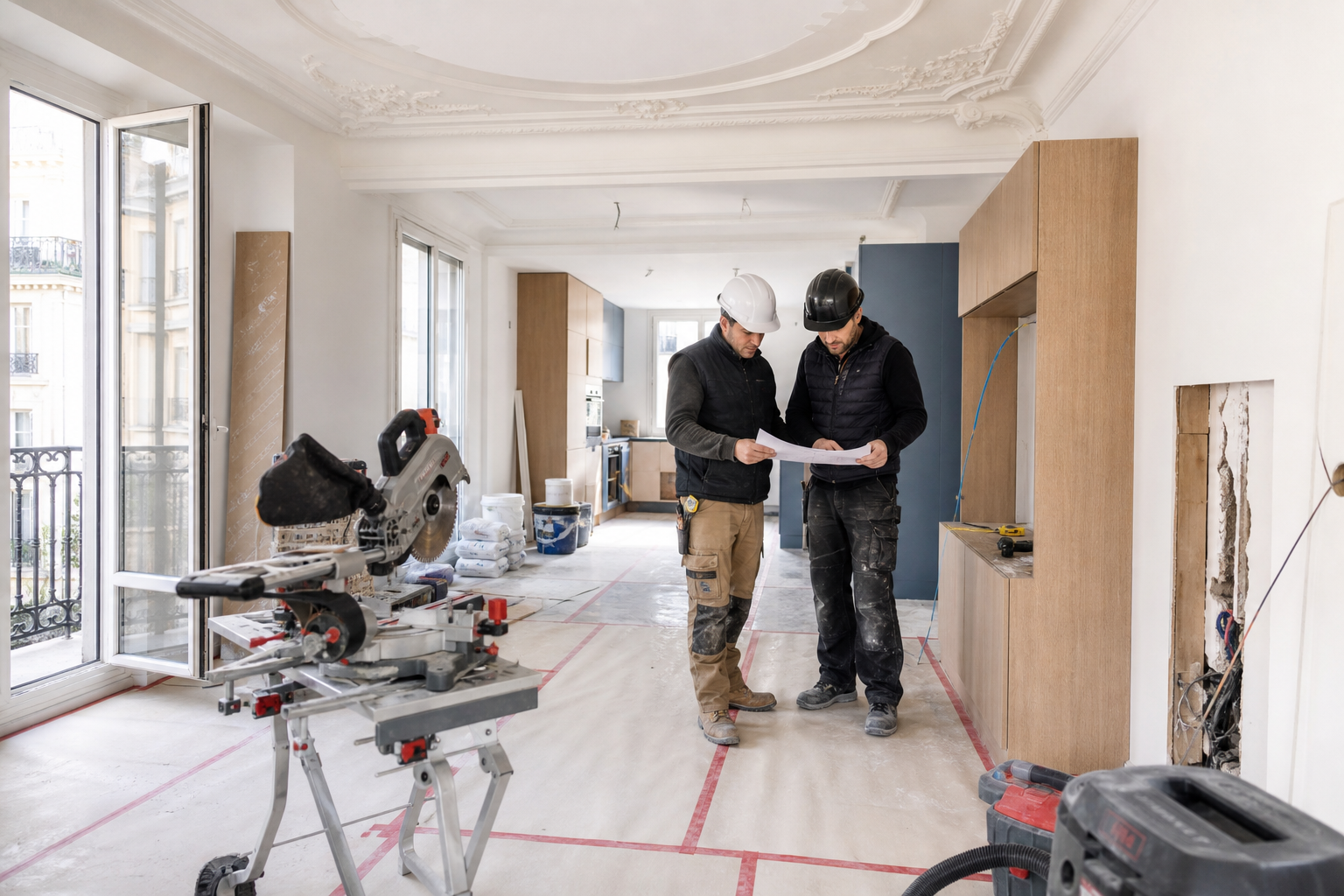 Table de chantier avec plans, mètre et outils lors du diagnostic