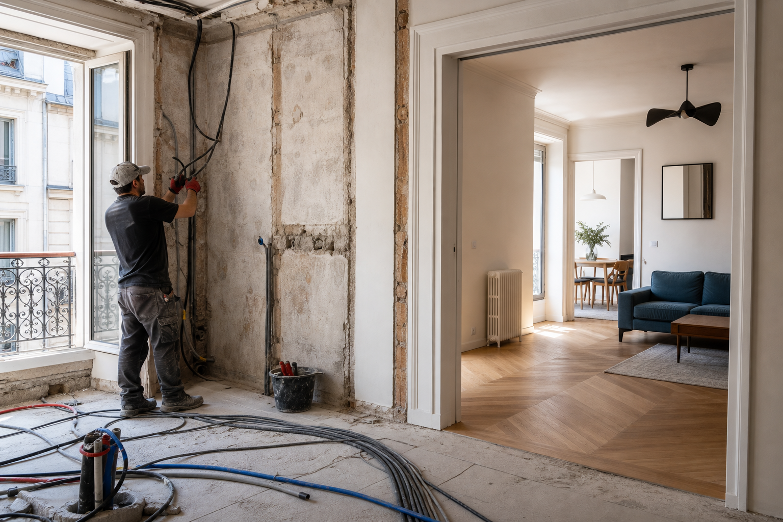Salon et cuisine ouverte entièrement rénovés, maison en pierre à Vannes, lumière naturelle
