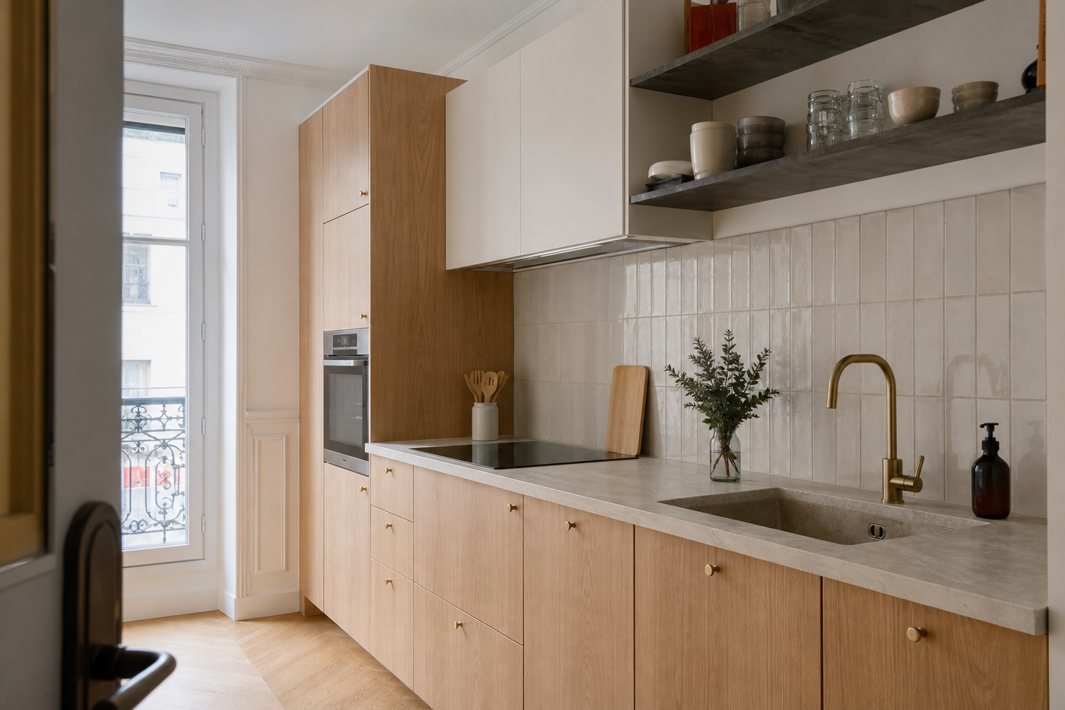 Cuisine moderne en bois clair et blanc avec îlot central