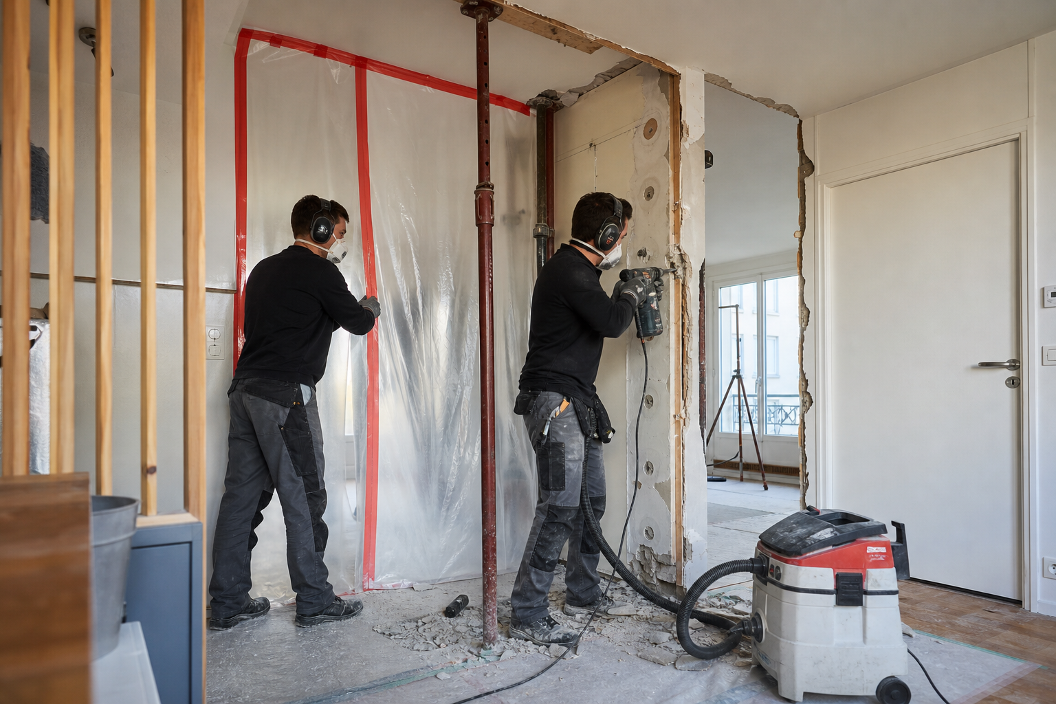 Ouvrier en chantier démolissant une cloison intérieure