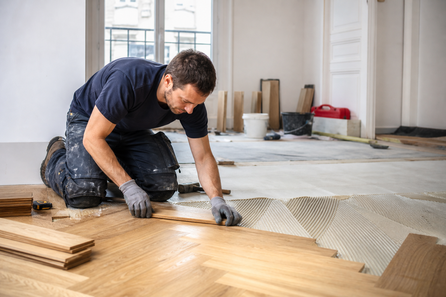 Artisan posant un parquet en chêne massif