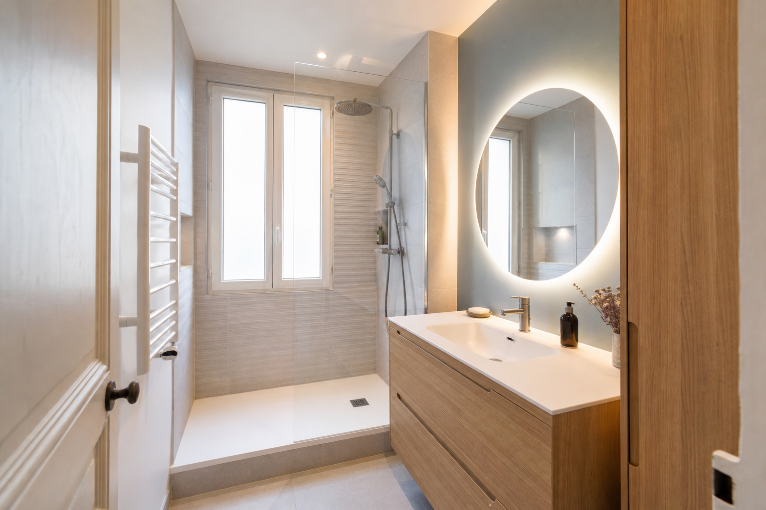 Salle de bain rénovée avec douche à l'italienne et faïence claire